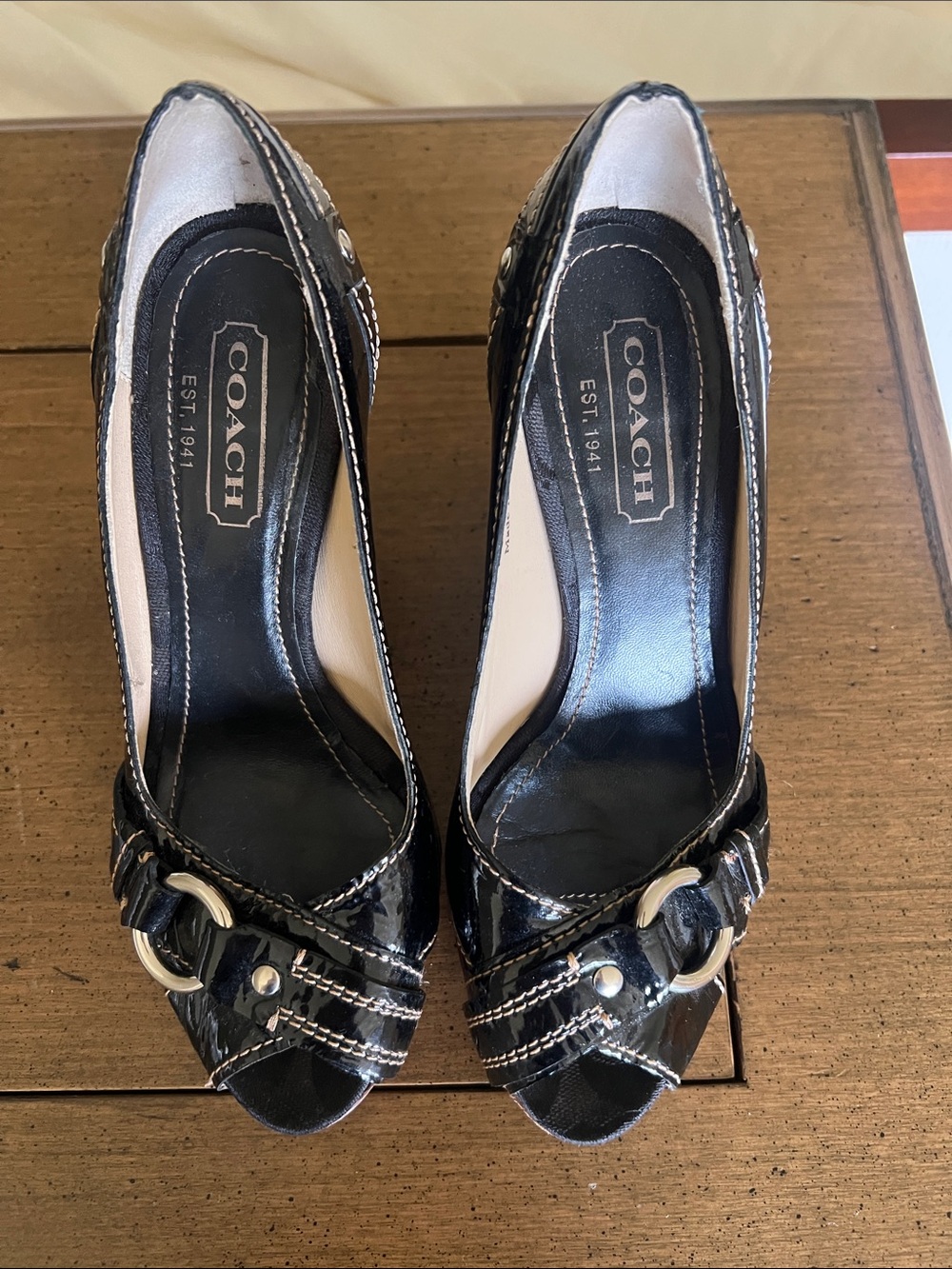 Coach Black Patent Leather Peep-Toe Heels with Silver Buckle